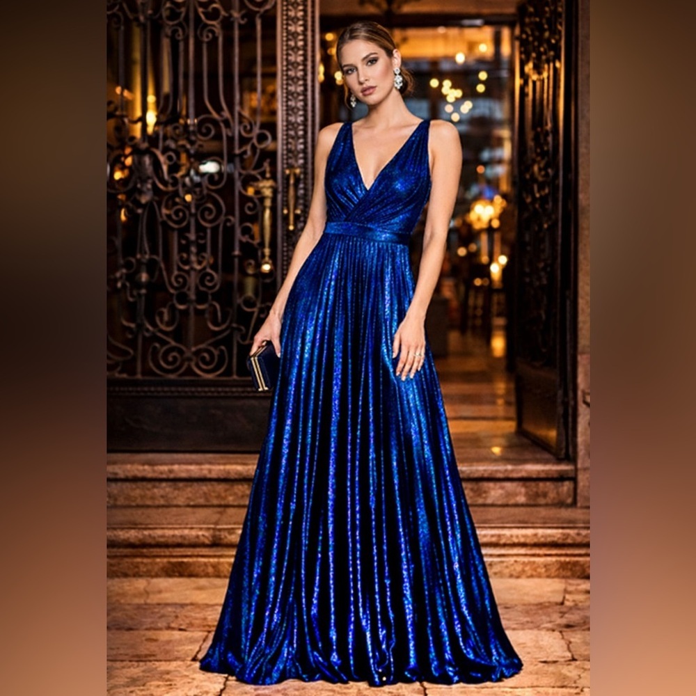 Rene Ruiz Metallic Cobalt Blue Pleated Gown V-Neck Evening Dress 6